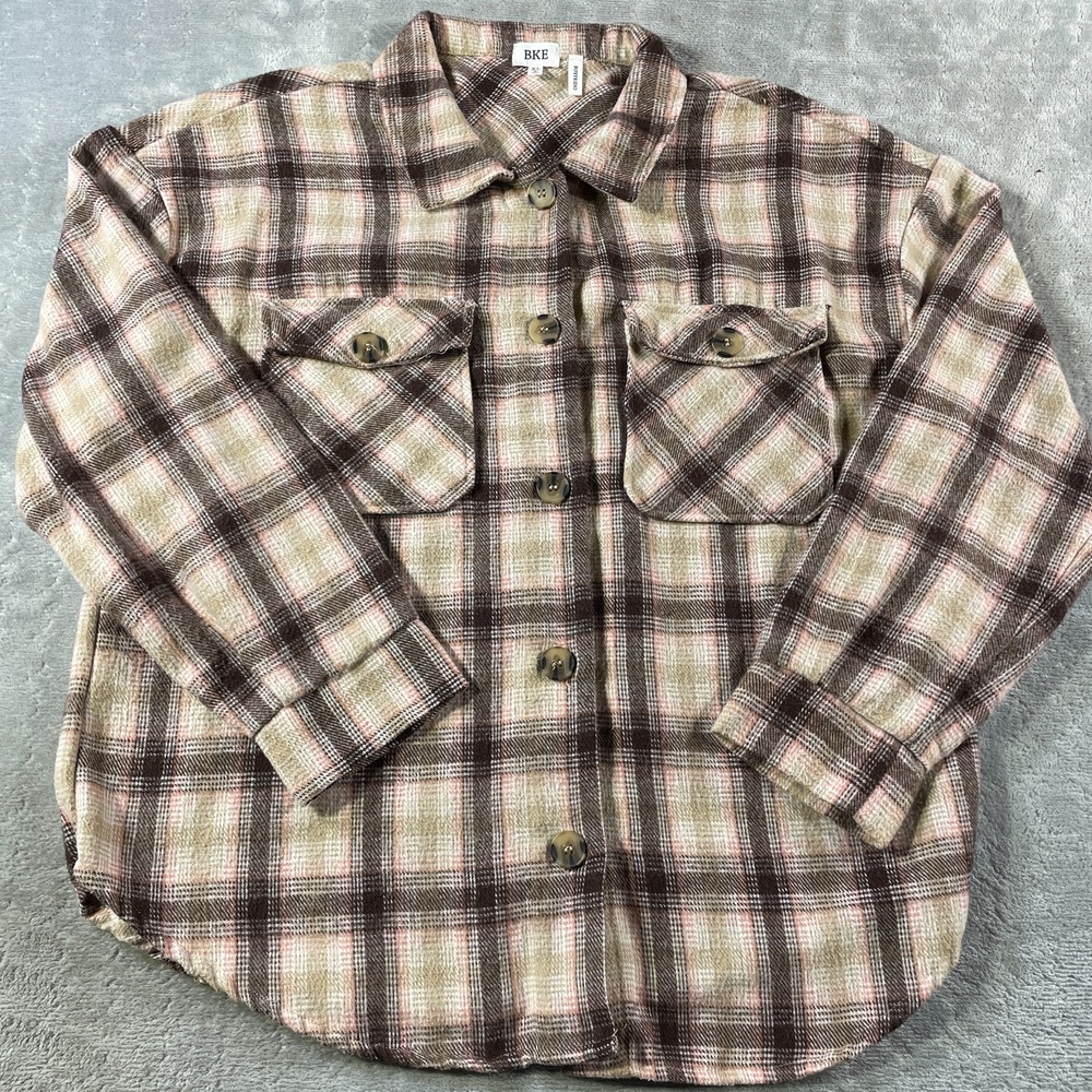 BKE Flannel‎ Shirt Jacket Womens XL Plaid Brown Boyfriend Pockets Casual Relax